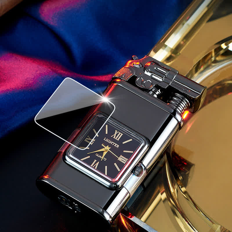Guns Design Refillable Double Flame Butane Lighter With Clock