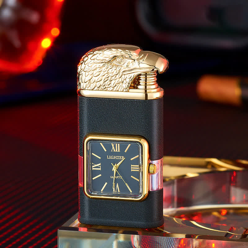 Eagle Head Design Refillable Double Flame Butane Lighter With Clock