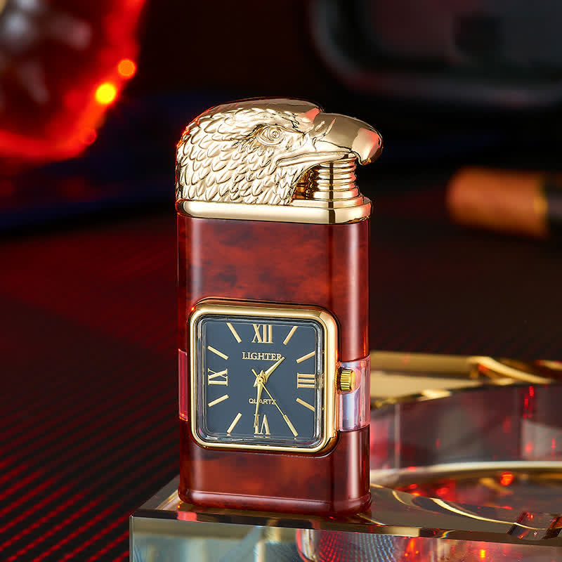 Eagle Head Design Refillable Double Flame Butane Lighter With Clock - Red Wood Pattern - image 8