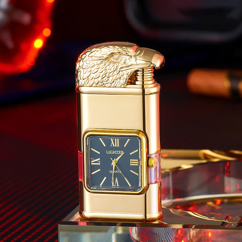 Eagle Head Design Refillable Double Flame Butane Lighter With Clock - Gold - image 7