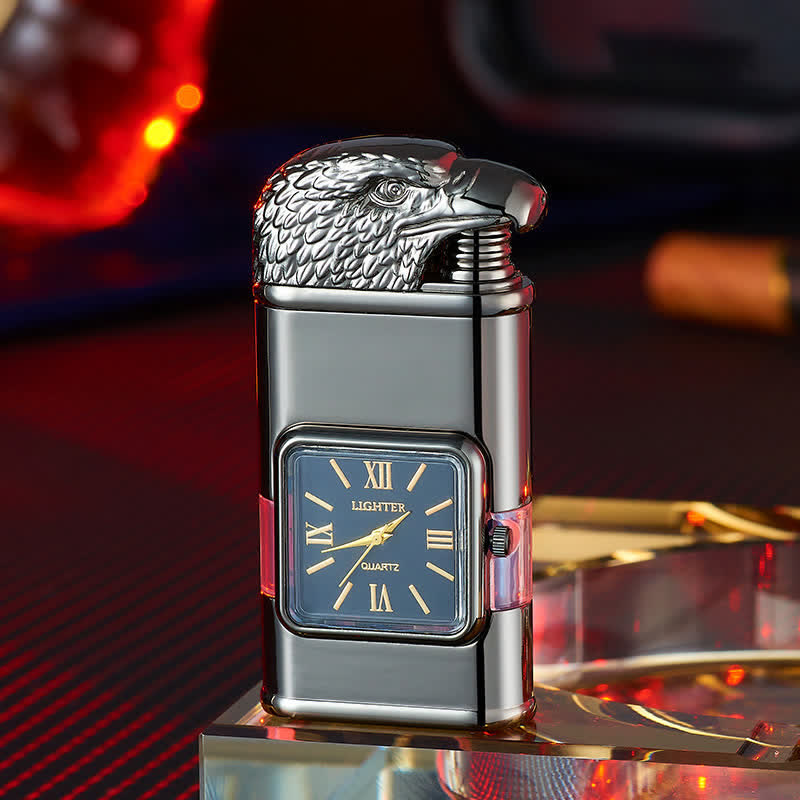 Eagle Head Design Refillable Double Flame Butane Lighter With Clock - Black - image 0