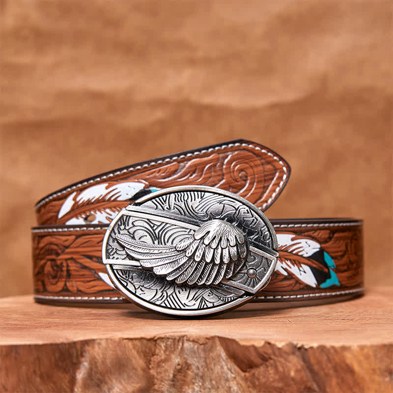 Men's DIY Angel Wings Hidden Folding Knife Leather Belt - Angel Wings - Brown Feather Belt - 40 - image 8