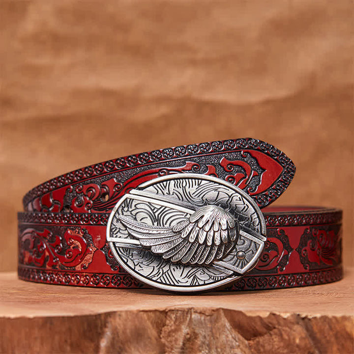 Men's DIY Angel Wings Hidden Folding Knife Leather Belt - Angel Wings - Brown Carved Belt - 42 - image 5