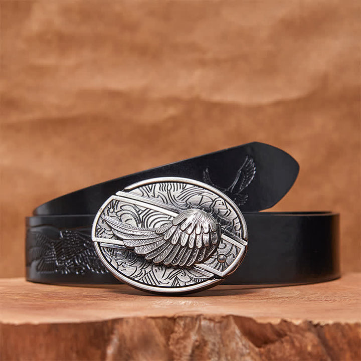 Men's DIY Angel Wings Hidden Folding Knife Leather Belt - Angel Wings - Black Embossed Eagle Belt - 42 - image 4