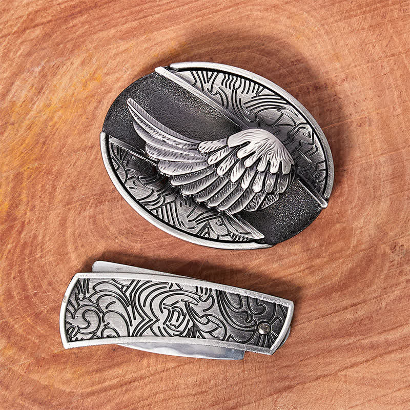 Men's DIY Angel Wings Hidden Folding Knife Leather Belt