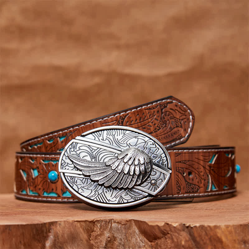 Men's DIY Angel Wings Hidden Folding Knife Leather Belt - Angel Wings - Turquoise Carved Belt - 42 - image 6