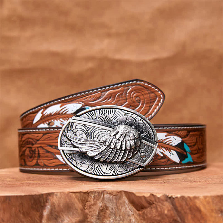 Men's DIY Angel Wings Hidden Folding Knife Leather Belt - Angel Wings - Brown Feather Belt - 40 - image 8
