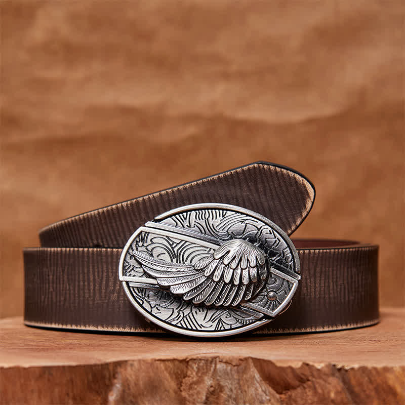 Men's DIY Angel Wings Hidden Folding Knife Leather Belt - Angel Wings - Brown Distressed Belt - 42 - image 7