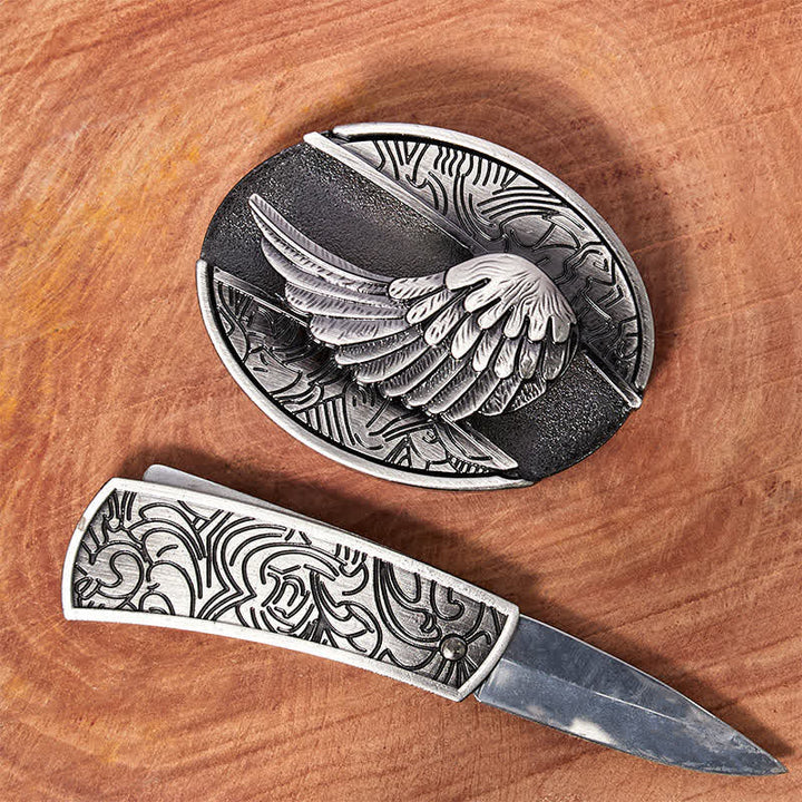 Men's DIY Angel Wings Hidden Folding Knife Leather Belt