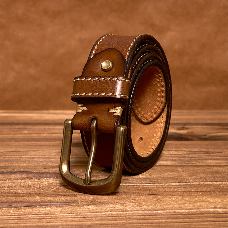 Men's Luxury Stitched Cowhide Leather Belt - Yellowish Brown - 44 - image 0