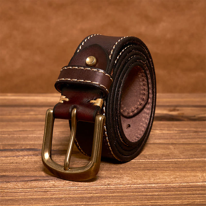 Men's Luxury Stitched Cowhide Leather Belt - Brown - 44 - image 10