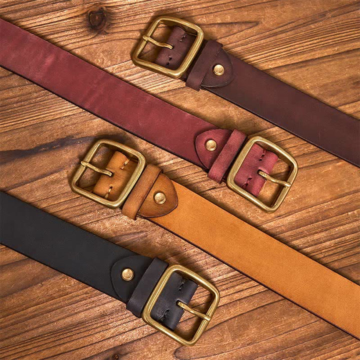 Simple Chic Vintage Brass Square Buckle Leather Belt
