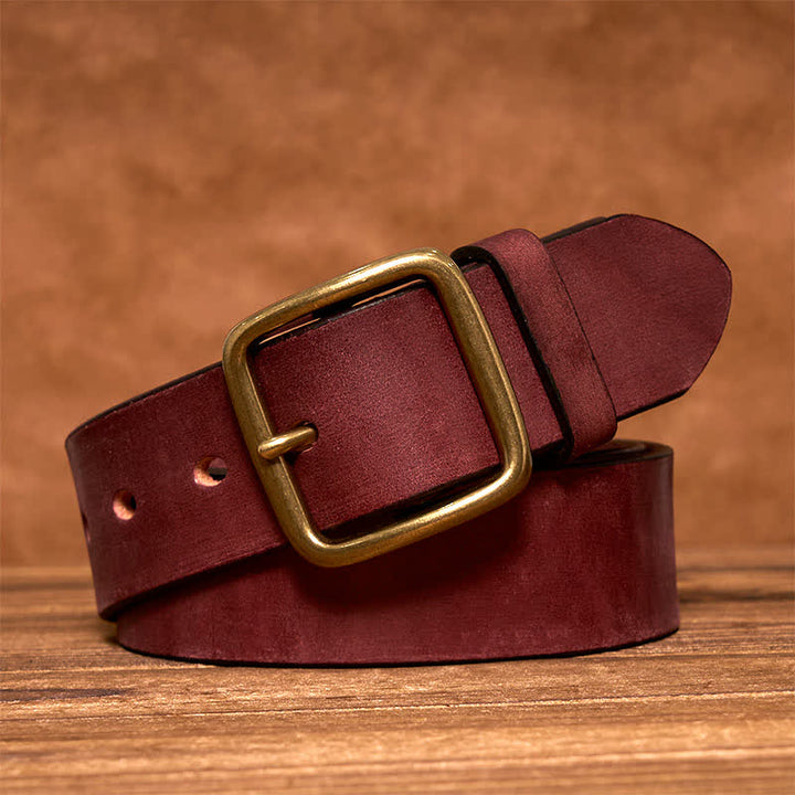 Simple Chic Vintage Brass Square Buckle Leather Belt - Dark Red - 44 - image 13