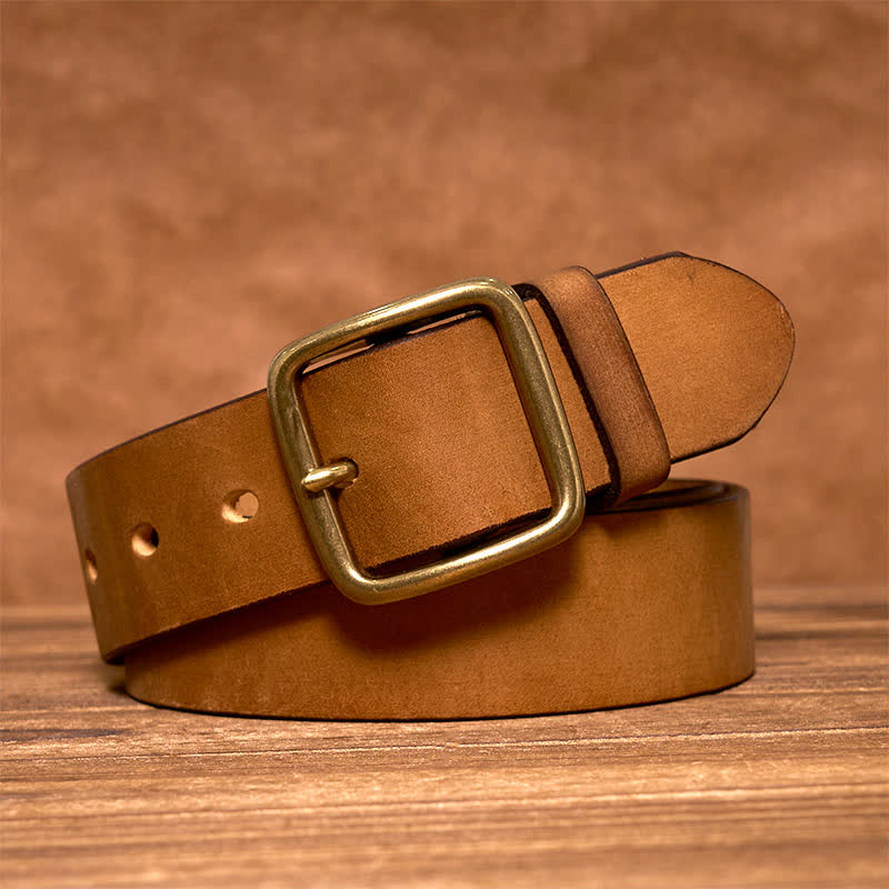 Simple Chic Vintage Brass Square Buckle Leather Belt - Yellowish-Brown - 44 - image 0
