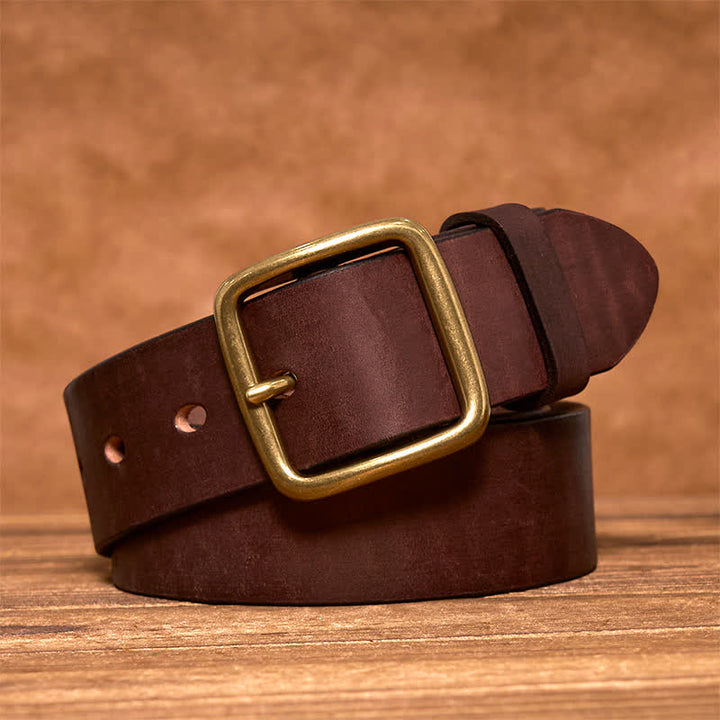 Simple Chic Vintage Brass Square Buckle Leather Belt - Coffee - 44 - image 5