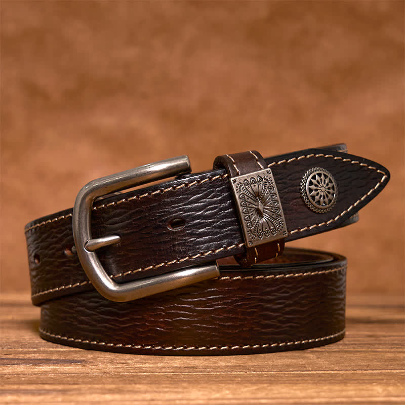 Men's Vintage Rivet Decor Full Grain Leather Belt - Coffee - 44 - image 0