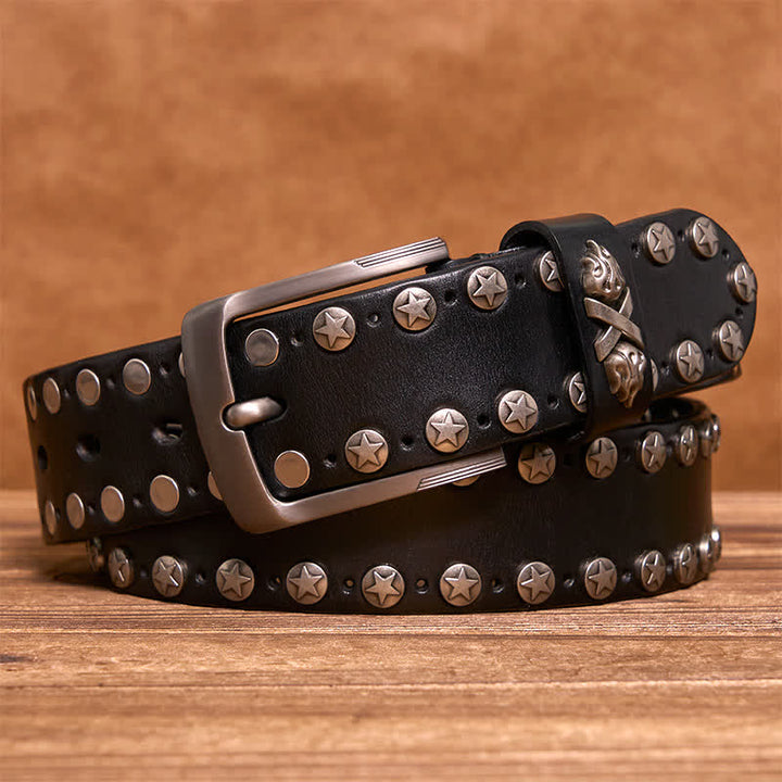Punk Biker Rivet Studded Handmade Leather Belt - Black - 42 - image 5