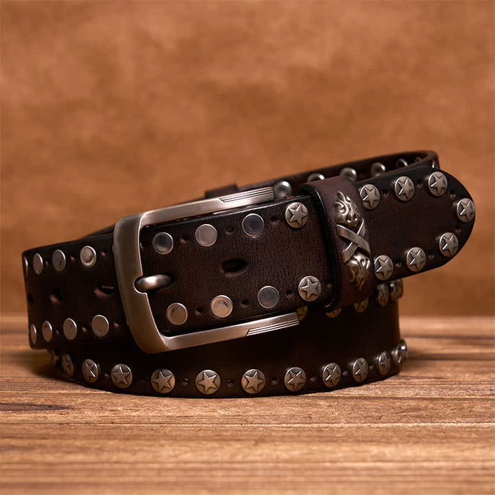 Punk Biker Rivet Studded Handmade Leather Belt - Brown - 42 - image 0