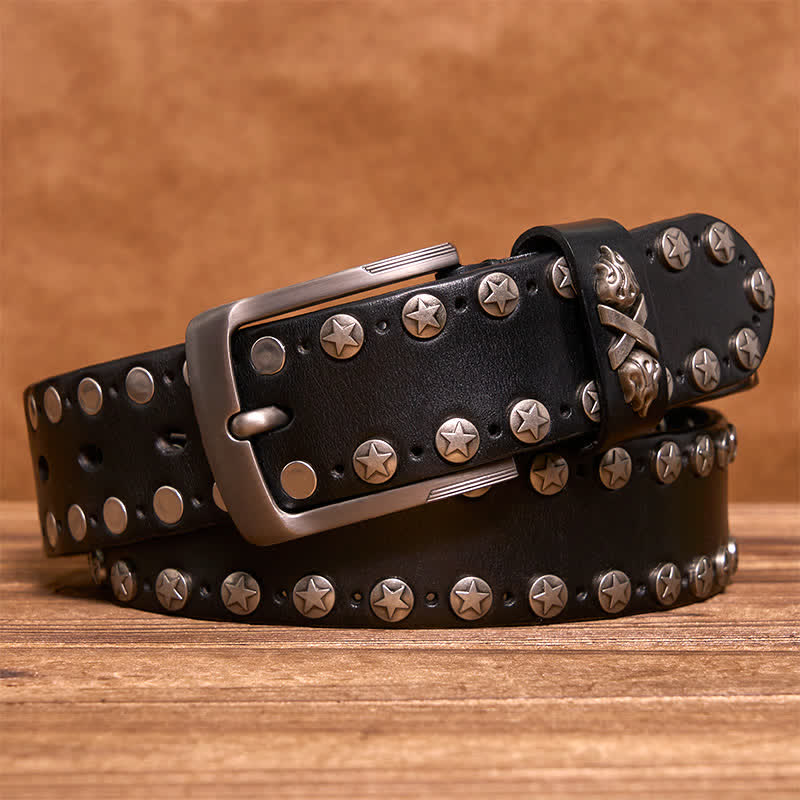 Punk Biker Rivet Studded Handmade Leather Belt - Black - 42 - image 5