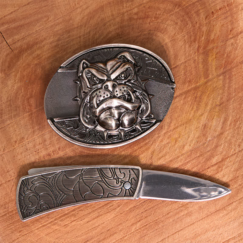 Men's DIY Fierce Dog Hidden Folding Knife Leather Belt