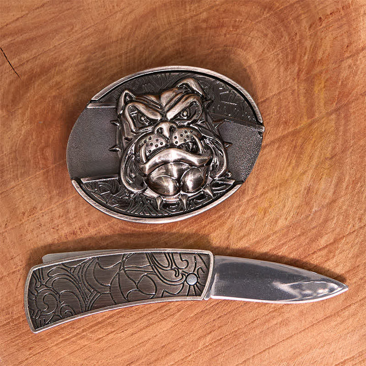 Men's DIY Fierce Dog Hidden Folding Knife Leather Belt