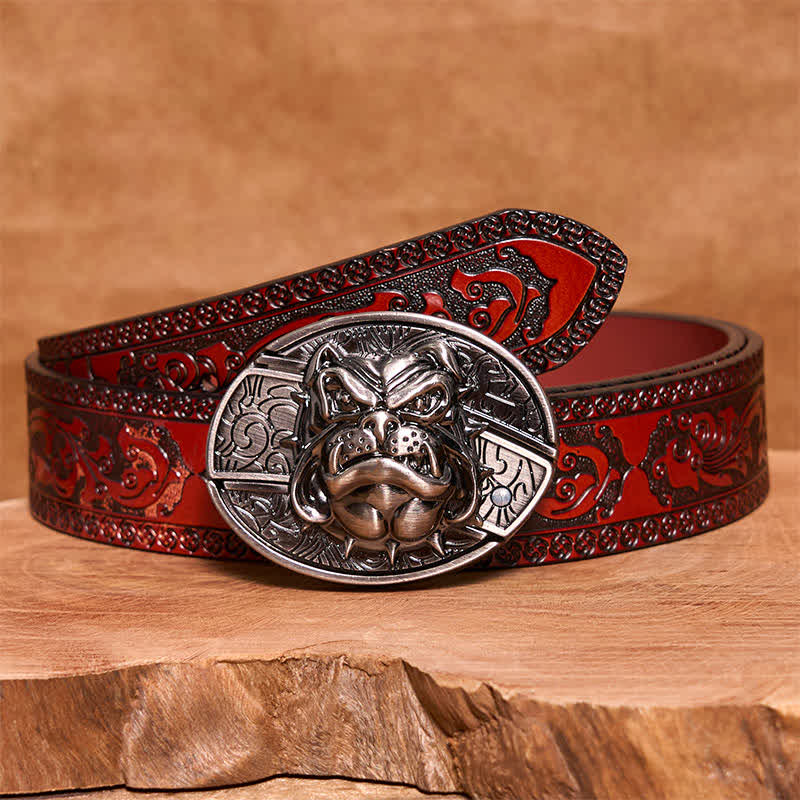 Men's DIY Fierce Dog Hidden Folding Knife Leather Belt - Dog - Brown Carved Belt - 42 - image 5