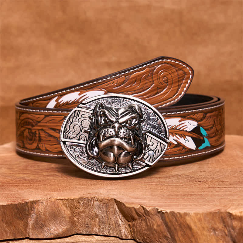 Men's DIY Fierce Dog Hidden Folding Knife Leather Belt - Dog - Brown Feather Belt - 40 - image 9