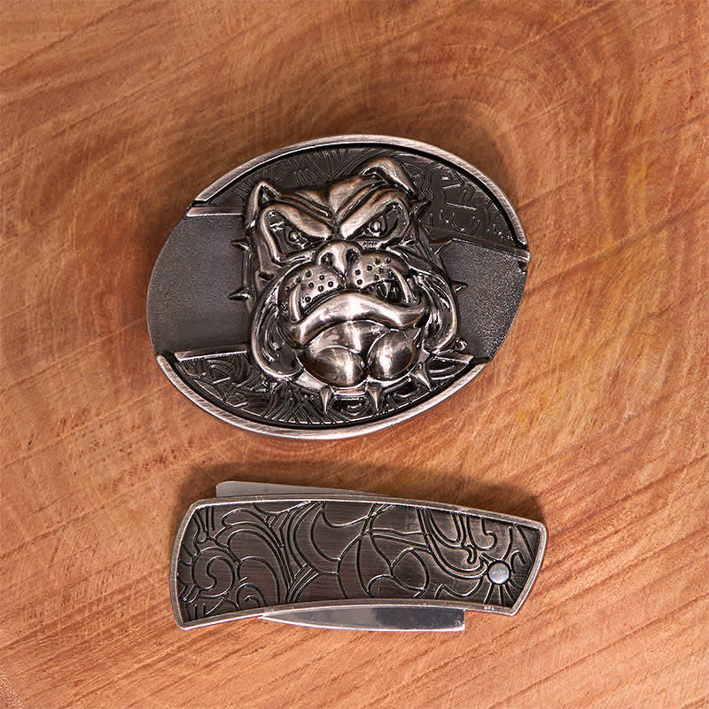Men's DIY Fierce Dog Hidden Folding Knife Leather Belt