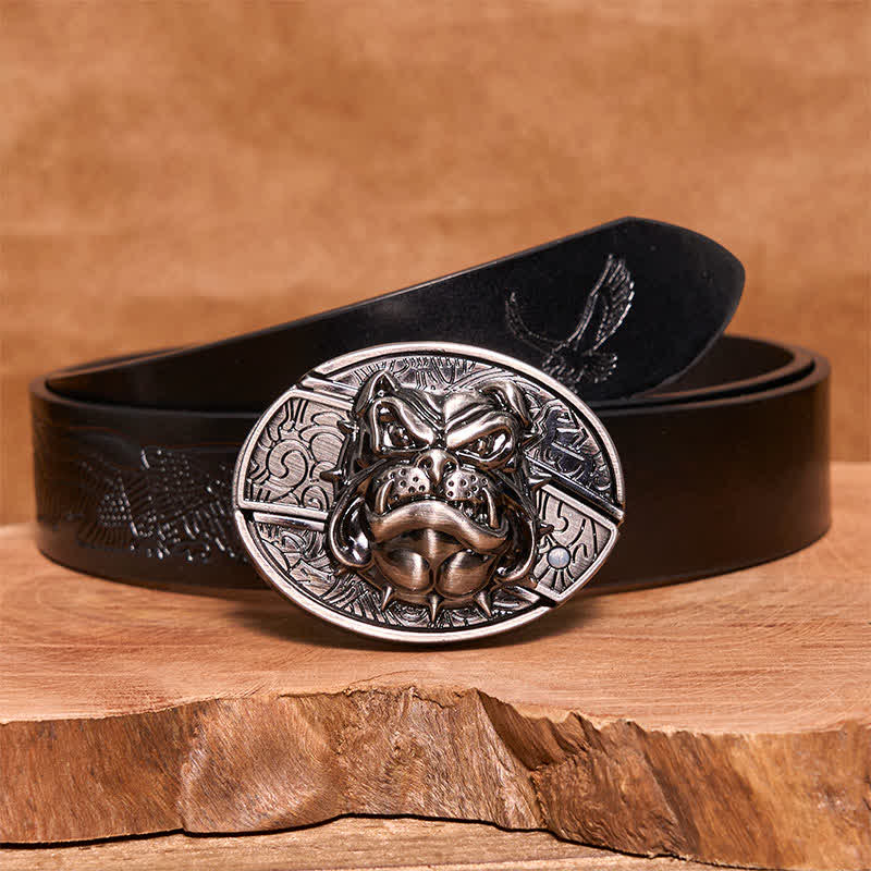 Men's DIY Fierce Dog Hidden Folding Knife Leather Belt - Dog - Black Embossed Eagle Belt - 42 - image 7