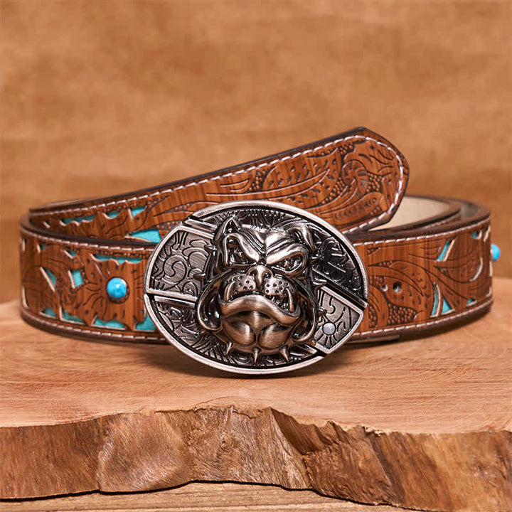 Men's DIY Fierce Dog Hidden Folding Knife Leather Belt - Dog - Turquoise Carved Belt - 42 - image 6
