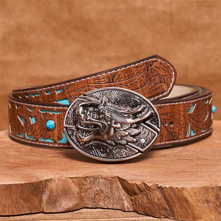 Men's DIY Dragon Head Hidden Folding Knife Leather Belt - Dragon Head - Turquoise Carved Belt - 42 - image 6