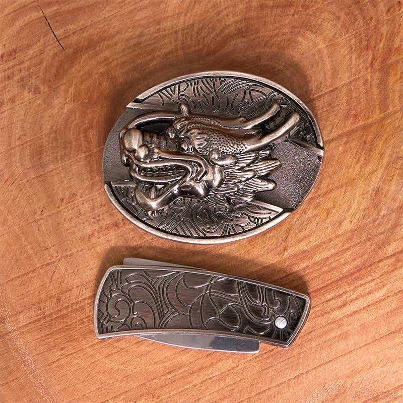 Men's DIY Dragon Head Hidden Folding Knife Leather Belt
