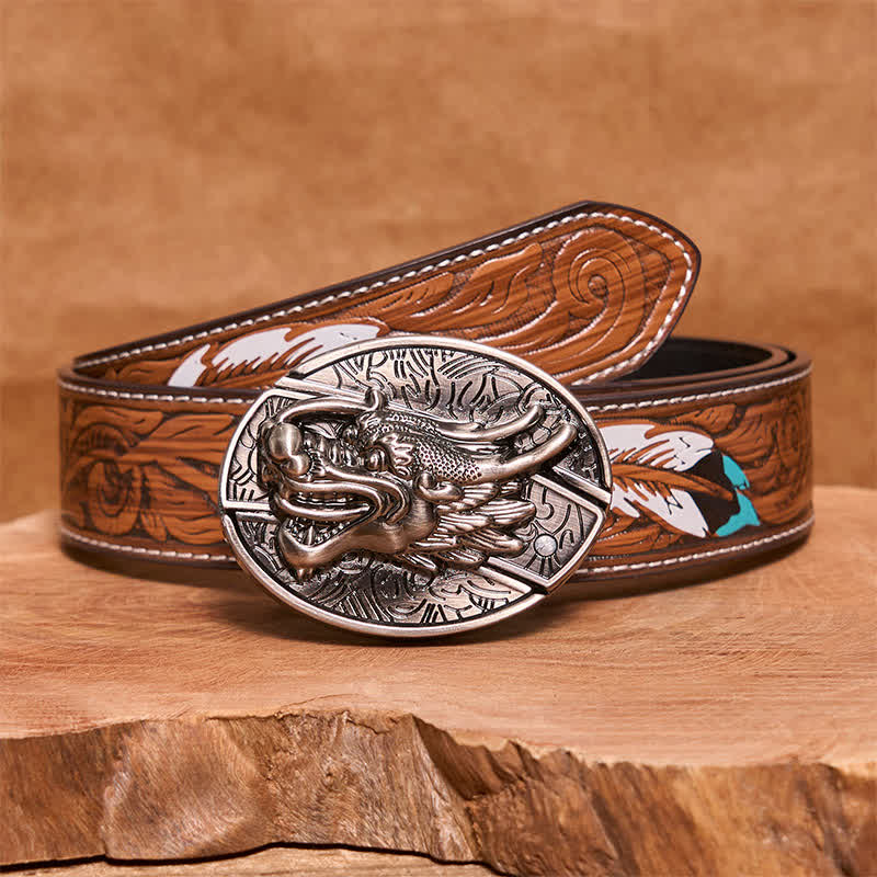 Men's DIY Dragon Head Hidden Folding Knife Leather Belt - Dragon Head - Brown Feather Belt - 40 - image 9