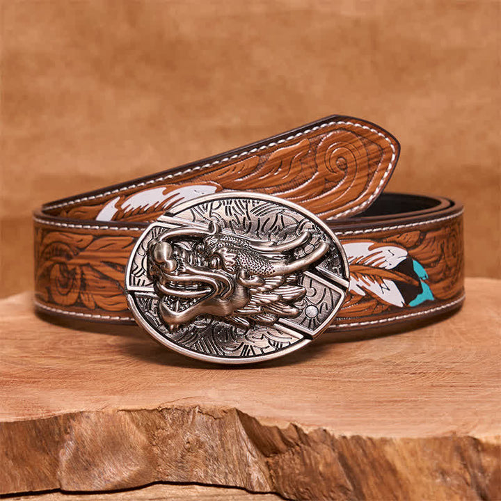 Men's DIY Dragon Head Hidden Folding Knife Leather Belt - Dragon Head - Brown Feather Belt - 40 - image 9