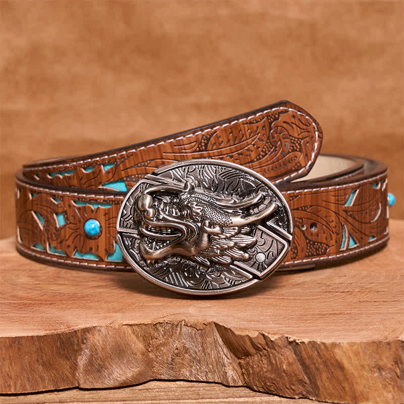 Men's DIY Dragon Head Hidden Folding Knife Leather Belt - Dragon Head - Turquoise Carved Belt - 42 - image 6