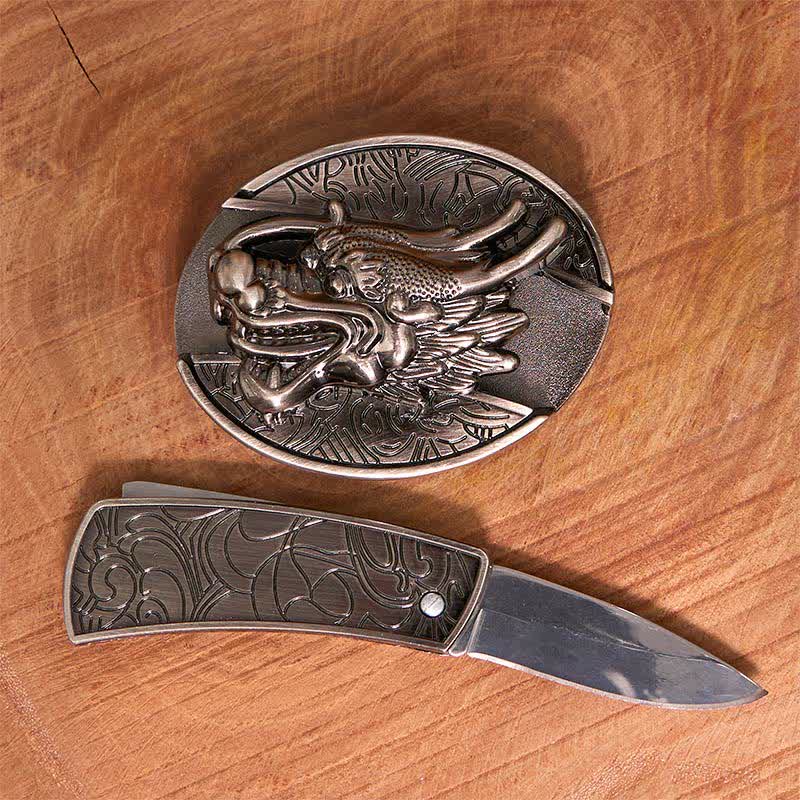 Men's DIY Dragon Head Hidden Folding Knife Leather Belt