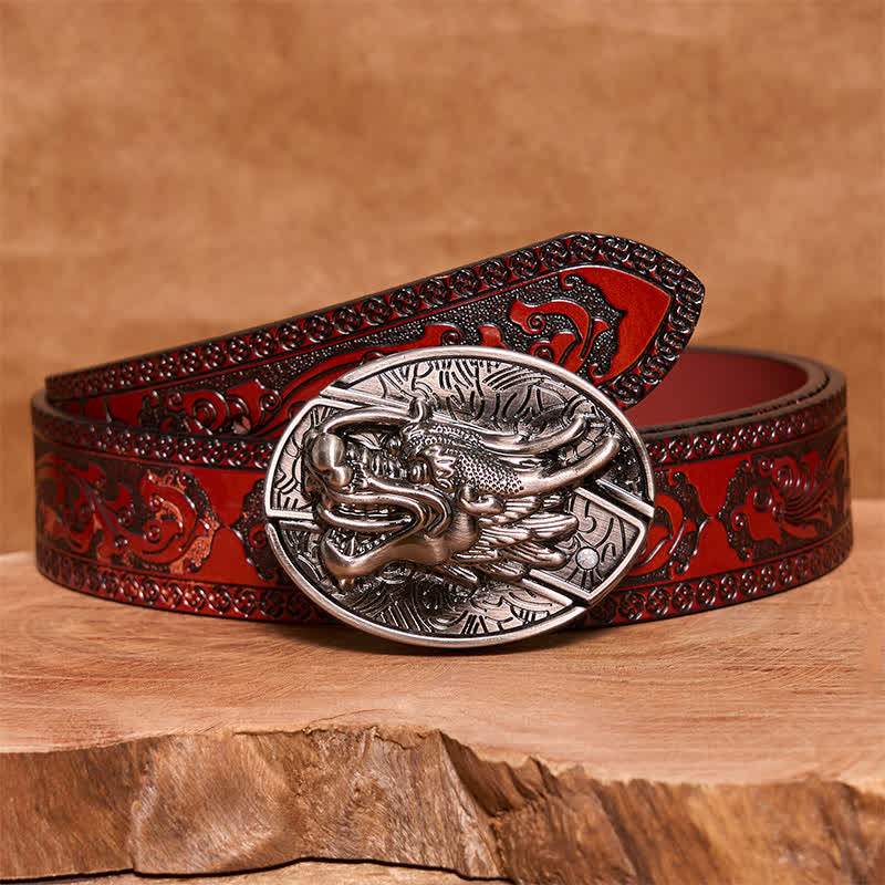Men's DIY Dragon Head Hidden Folding Knife Leather Belt - Dragon Head - Brown Carved Belt (40) - 42 - image 5