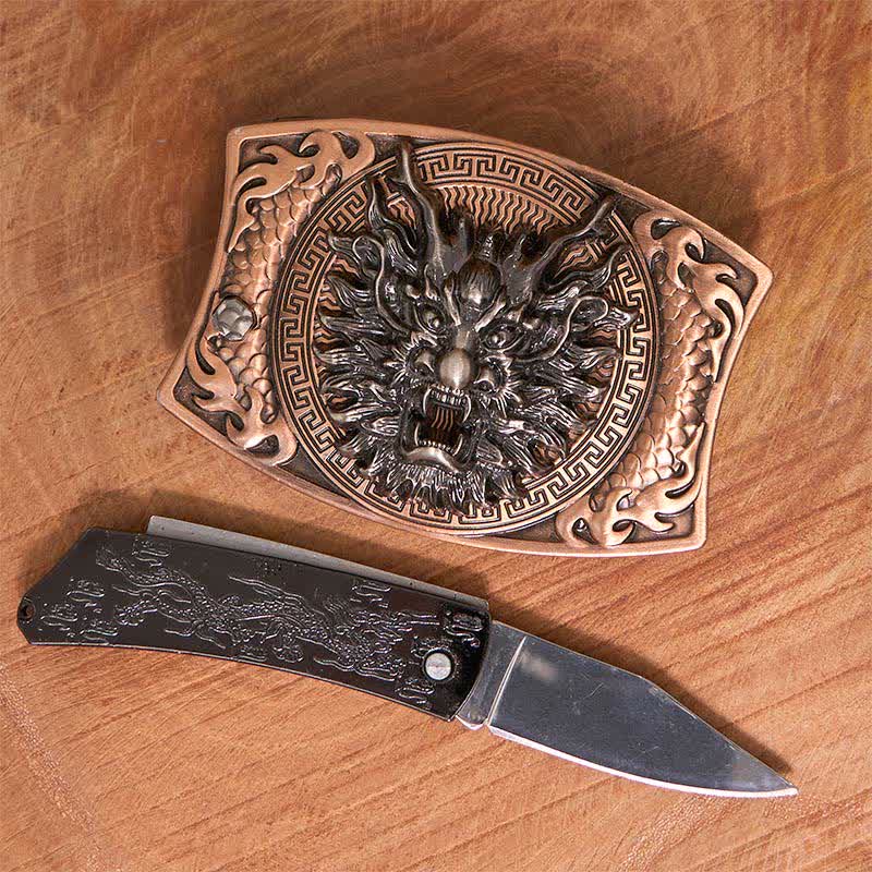 Men's DIY Red Bronze Dragon Hidden Folding Knife Leather Belt