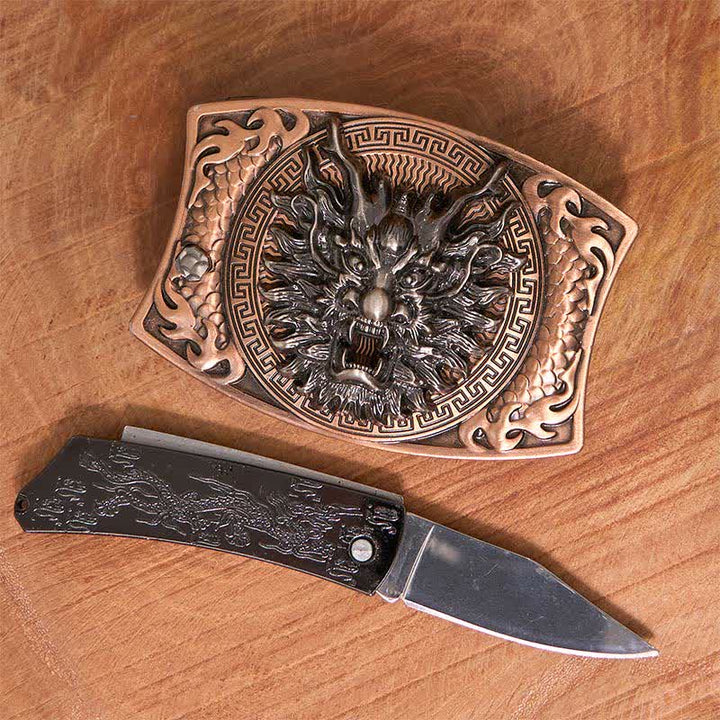 Men's DIY Red Bronze Dragon Hidden Folding Knife Leather Belt
