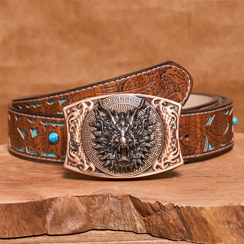 Men's DIY Red Bronze Dragon Hidden Folding Knife Leather Belt - Dragon Head - Turquoise Carved Belt - 42 - image 7