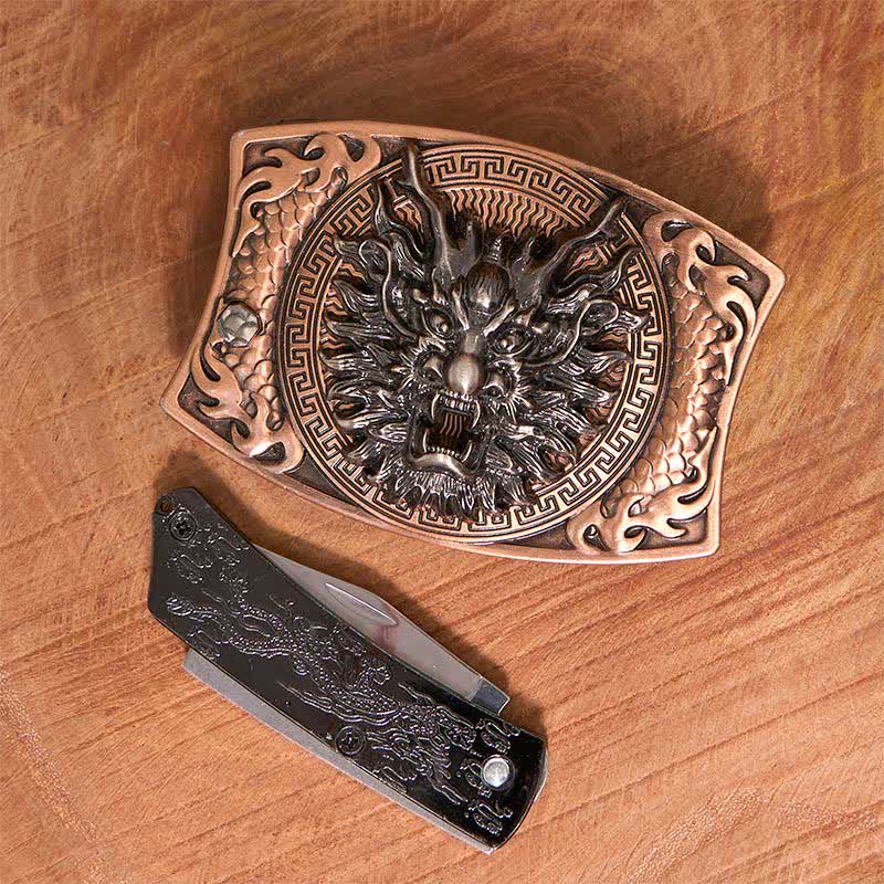 Men's DIY Red Bronze Dragon Hidden Folding Knife Leather Belt