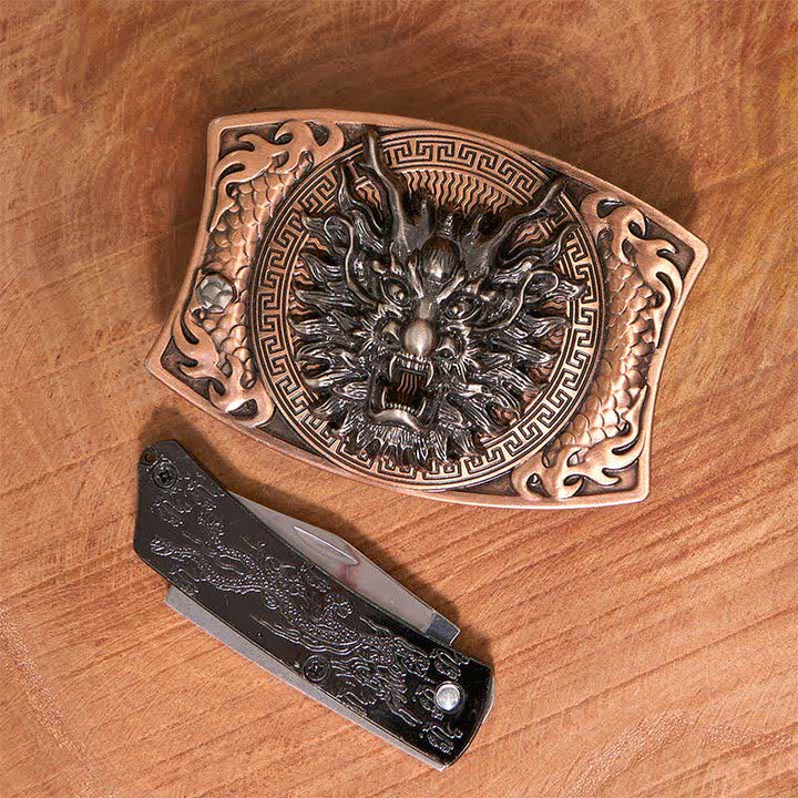 Men's DIY Red Bronze Dragon Hidden Folding Knife Leather Belt