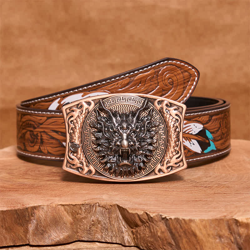 Men's DIY Red Bronze Dragon Hidden Folding Knife Leather Belt - Dragon Head - Brown Feather Belt - 40 - image 9