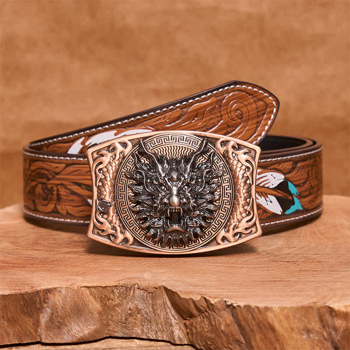 Men's DIY Red Bronze Dragon Hidden Folding Knife Leather Belt - Dragon Head - Brown Feather Belt - 40 - image 9