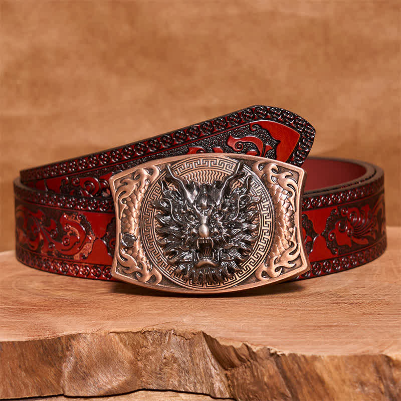 Men's DIY Red Bronze Dragon Hidden Folding Knife Leather Belt