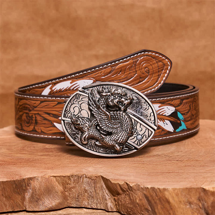 Men's DIY Flying Dragon Hidden Folding Knife Leather Belt