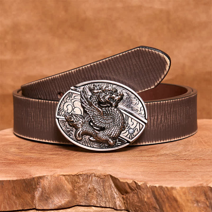 Men's DIY Flying Dragon Hidden Folding Knife Leather Belt - Flying Dragon - Brown Distressed Belt - 42 - image 8