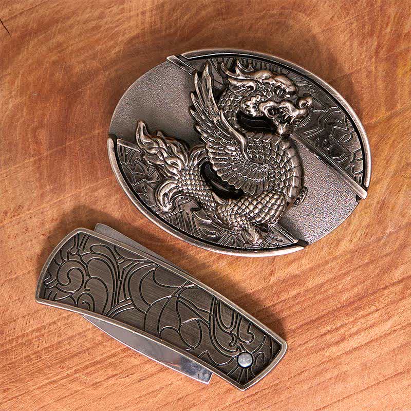 Men's DIY Flying Dragon Hidden Folding Knife Leather Belt