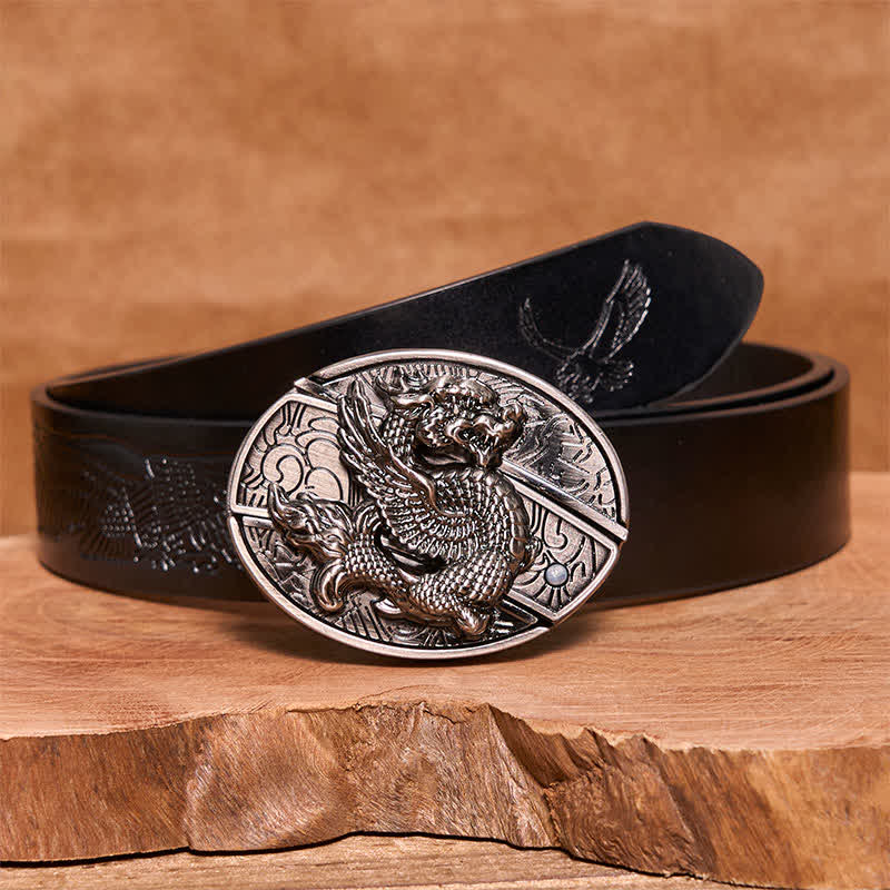 Men's DIY Flying Dragon Hidden Folding Knife Leather Belt - Flying Dragon - Black Embossed Eagle Belt - 42 - image 7