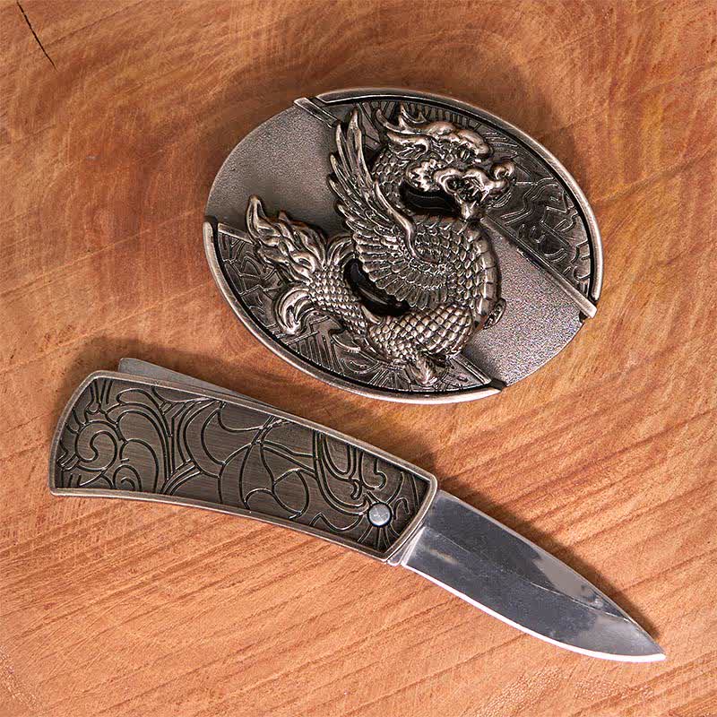 Men's DIY Flying Dragon Hidden Folding Knife Leather Belt